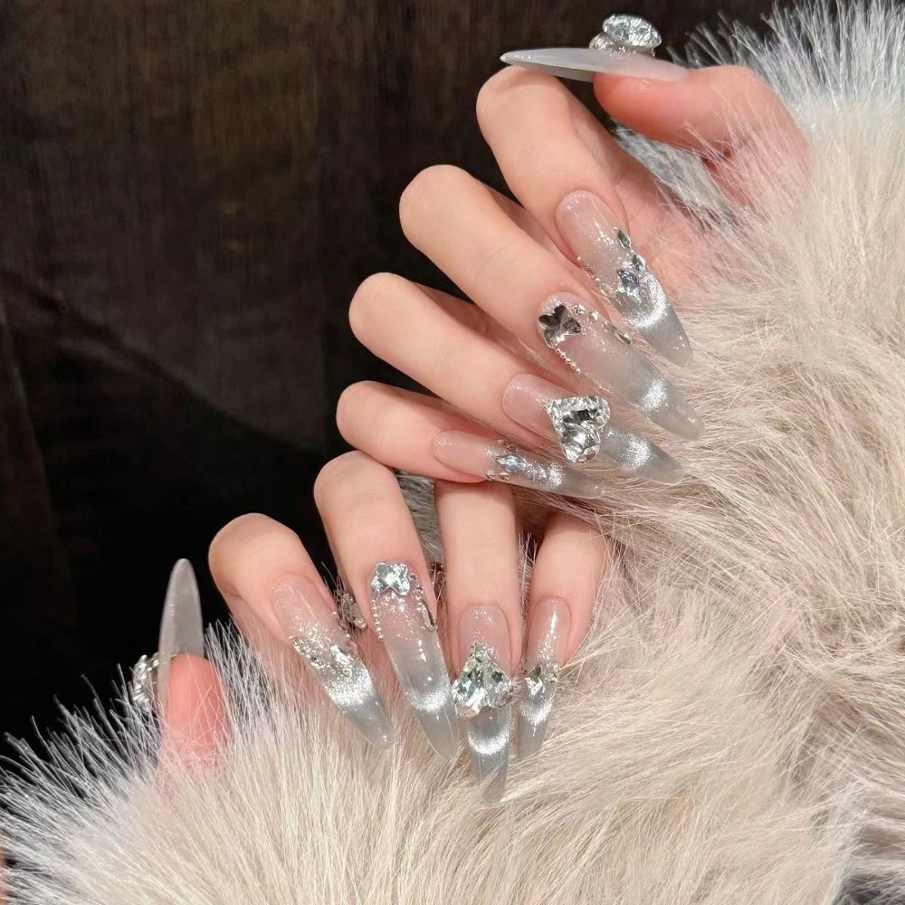 Sweet Kawaii Fashion Cat Bear Handmade Long Coffin Ellipse Fake Nails Bowknot Pearl Diamond Skirt Edge French Press On Nails