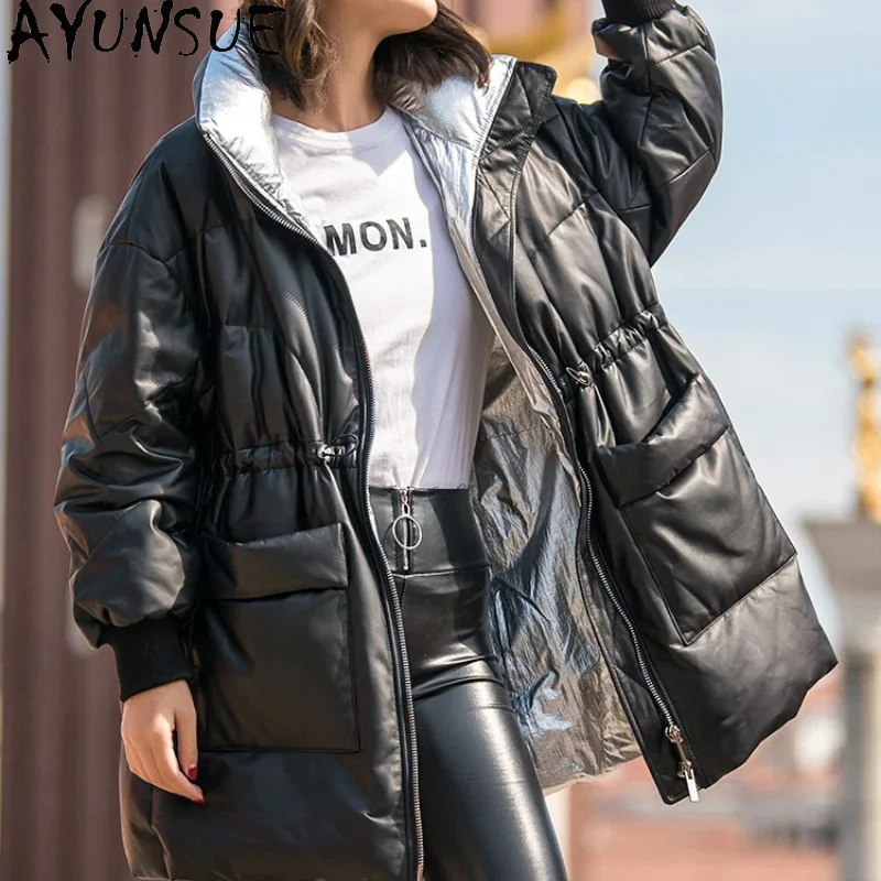 

Real AYUNSUE Leather Down Jacket Women Genuine Sheepskin Coat Winter 90% White Duck Coats Mid-length Loose Parkas Chaquetas