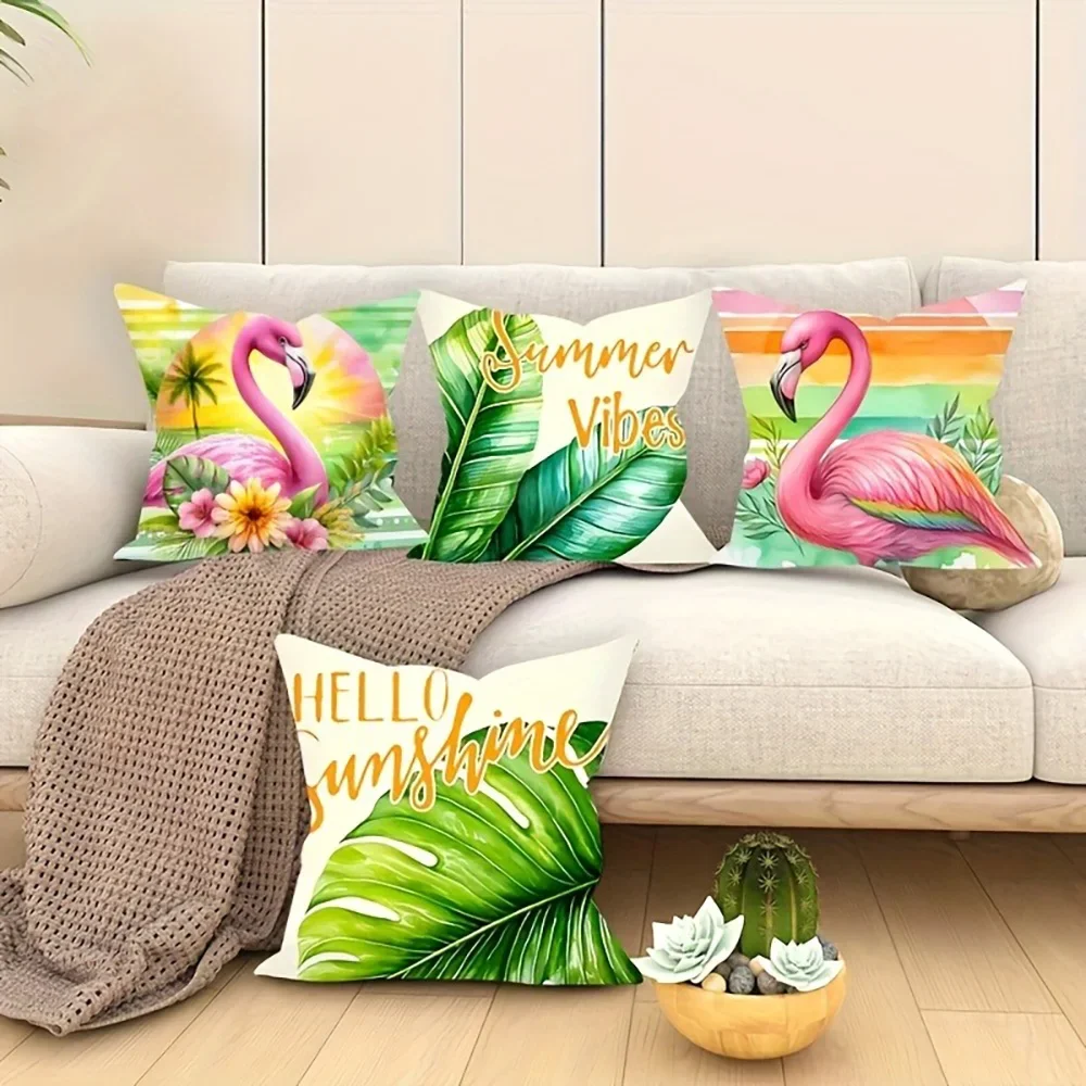 Summer-Themed Flamingo & Tropical Leaf Print Pillowcases: Hello Sunshine, Summer Vibes Sofa cushion cover home room decoration