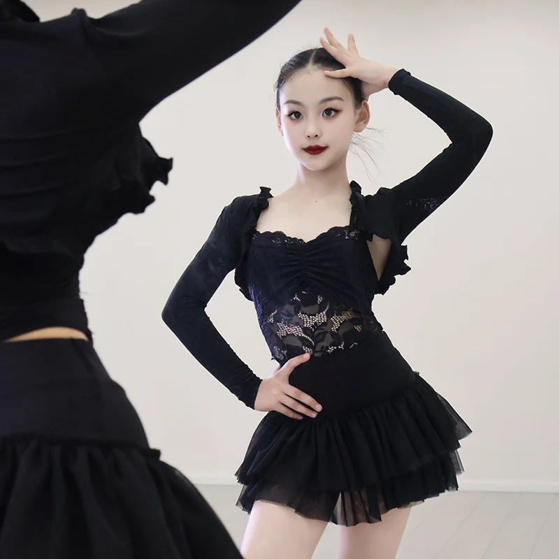 

Costume With Shawl Clothes Performance Girls Latin Dance Dress Lace Top Skirt Split Suit Chacha Rumba Practice