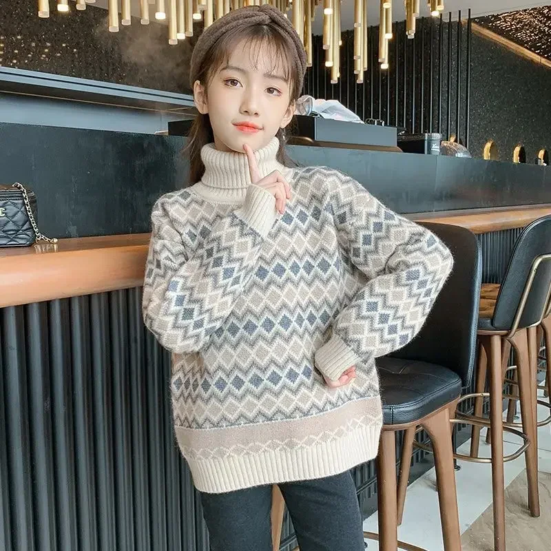 6 5 8 10 12 Years Girls Sweater Children's Girls High Neck Autumn Winter Top New Plush Thick Winter Knitted Sweater Kids Clothes