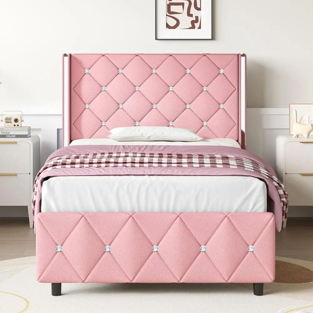 Twin Size Upholstered Diamond Tufted Bed with Silver Side Wingback, No Box Spring, Easy Assembly, Pink