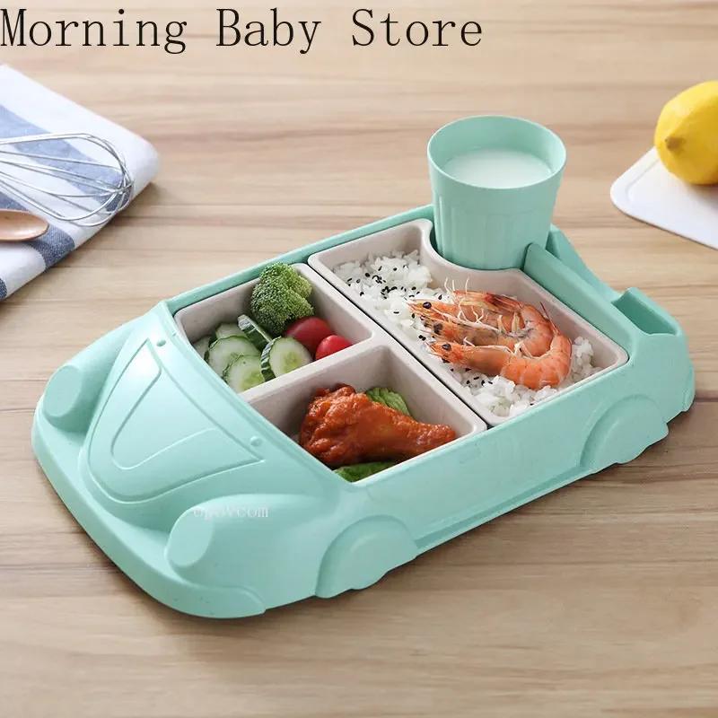 Plato de alimentación de bebé con forma de coche creativo, plato para comida de fibra de bambú, plato de suplemento alimenticio para bebés pequeños con taza, vajilla para bebés