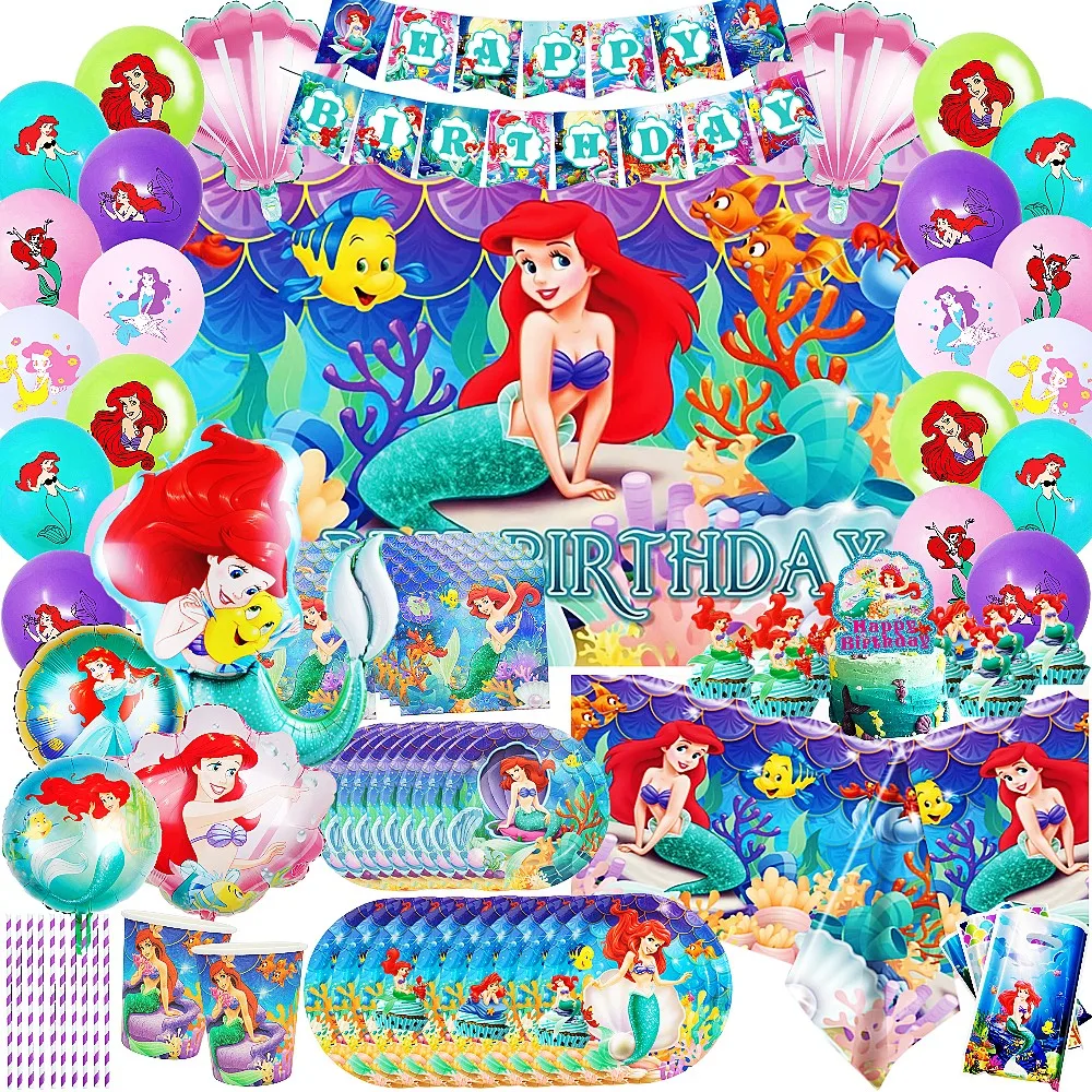 Disney Little Mermaid Birthday Party Decorations Princess Ariel Theme Cup Plate Balloon For Kids Baby Shower Girl Party Supplies