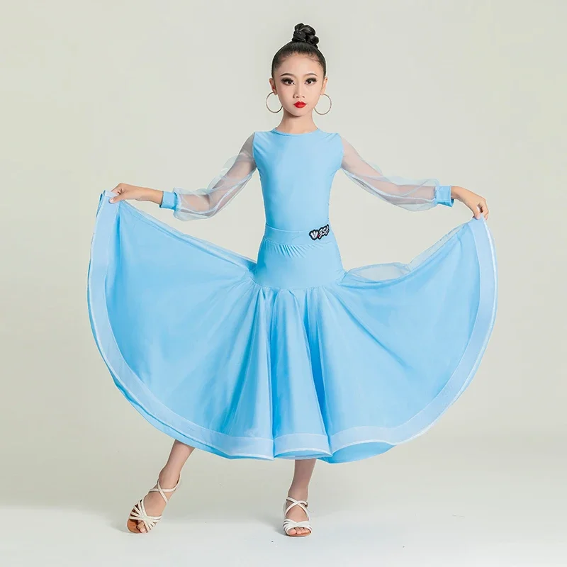 الوردي الأزرق قاعة الرقص فساتين الفتيات الفالس القياسية أداء الرقص ارتداء قطعتين التانغو مرحلة الرقص زي
