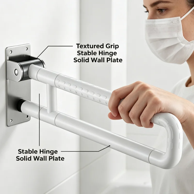 White Foldable Bathroom Safety Grab Bar Wall Mounted Non Slip Assist Handle For Shower Bathtub Toilet Stability Support