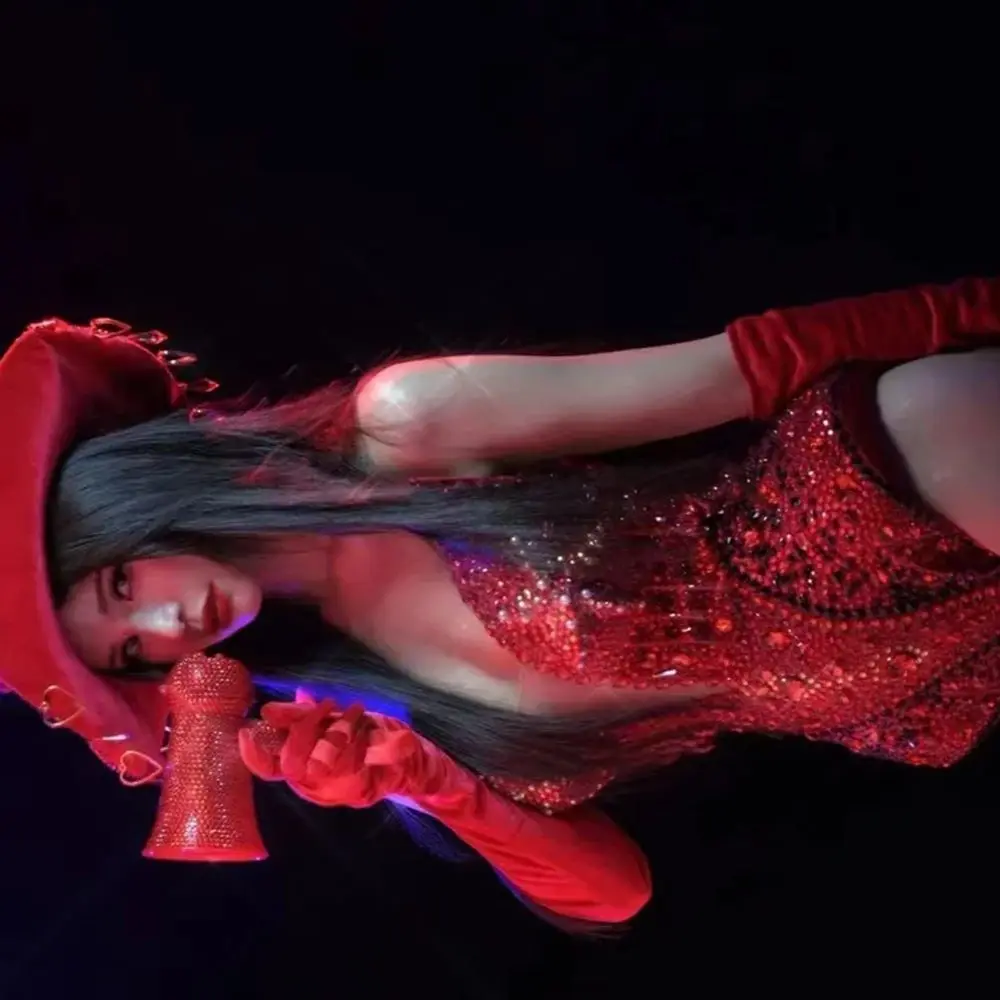 Red Diamond outfit cowgirl Rhinestones Deep V Neck Bodysuit Gloves Hats Performance Dance Costume Singer Dancer Show Stage Wear