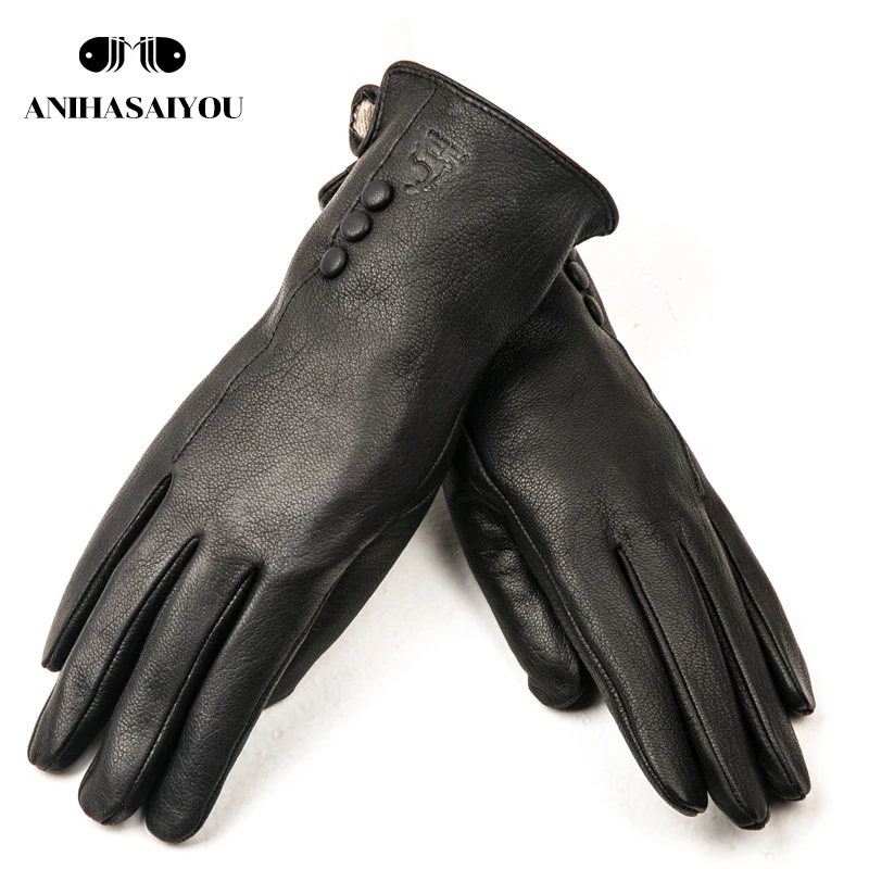 Fashion simple warm women leather gloves,real leather women\'s winter mittens,Black buckskin  women gloves - 2280