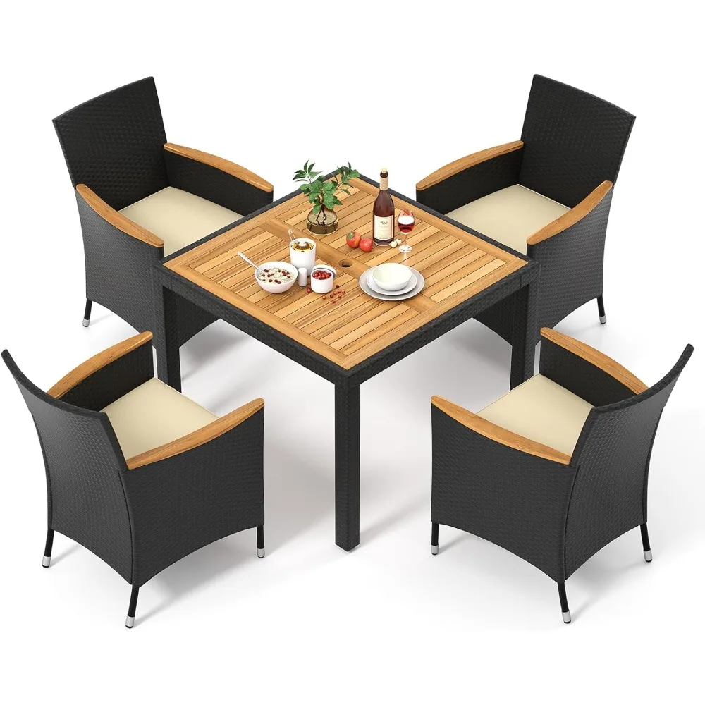 

Набор обеденных столов для патио из 5 предметов на 4 человека, набор для бесед из ротанга с отверстием для зонта, подушками для сиденья и столешницей из дерева акации