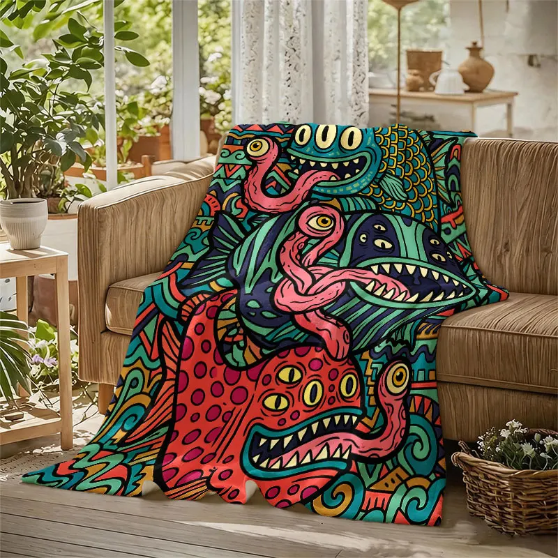 Monster Fish Aztec Art Flannel Blanket Perfect for Sofa Office Bed Travel Sleep Read Relax Camping Four Season Use