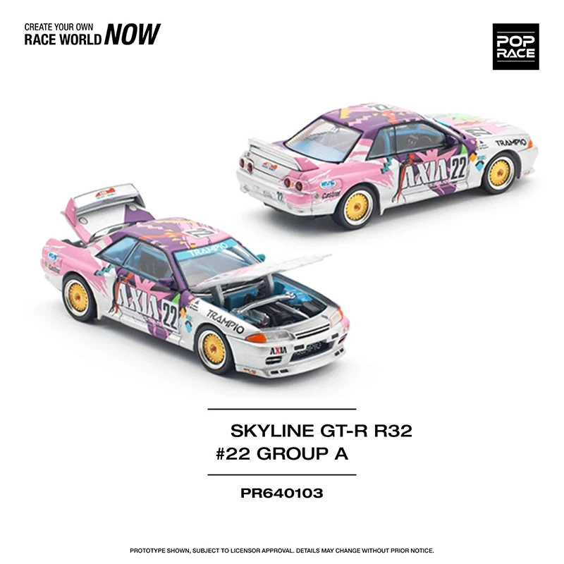 

POP Race В наличии 1:64 Skyline GTR R32 AXIA # 22, литая под давлением модель автомобиля с диорамой и открывающимся капюшоном