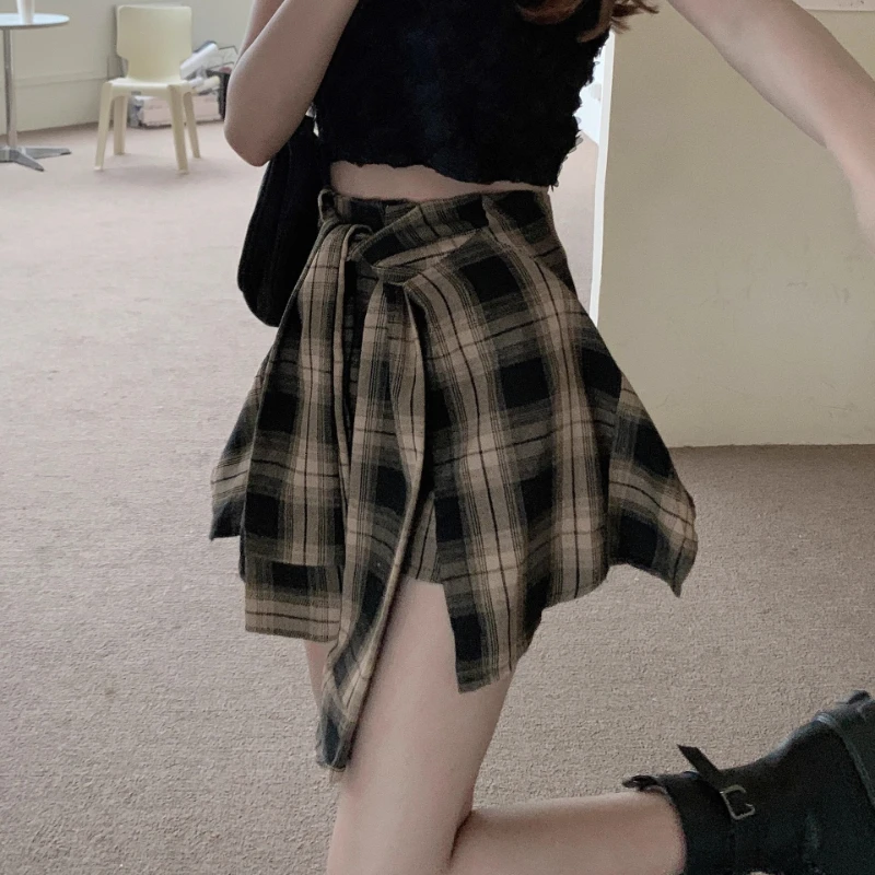 Pant Skirts Women Fake Pieces Beach Short Skirt A Line Lace Up Plaid Elegant Splice Orregular Y2k Streetwear Work 2026 Spring