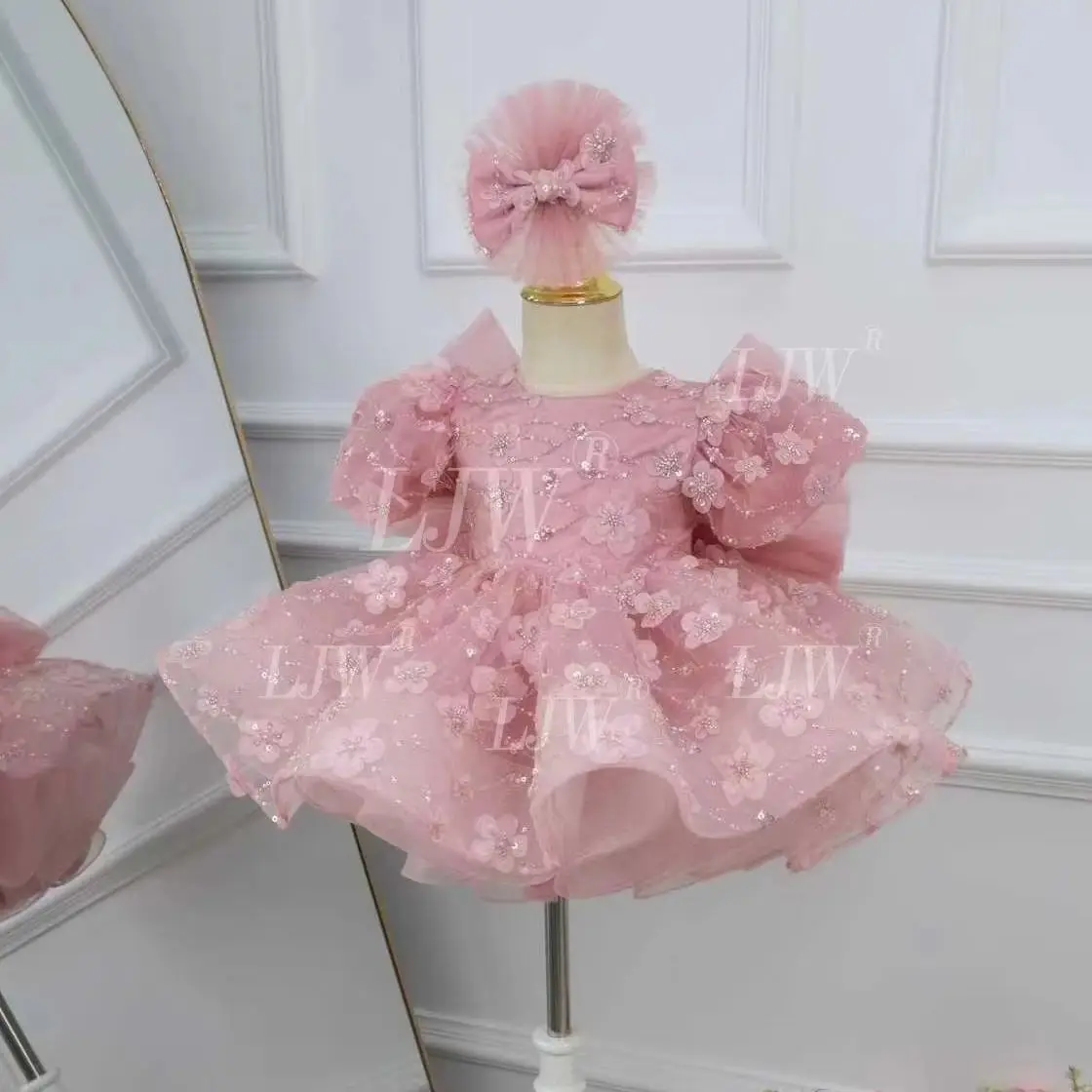 

Luxury cameo brown 3D Flowers Tutu Dress Elegant Ball Gown Wedding Evening Prom Baby birthday Party dress host stage catwalk