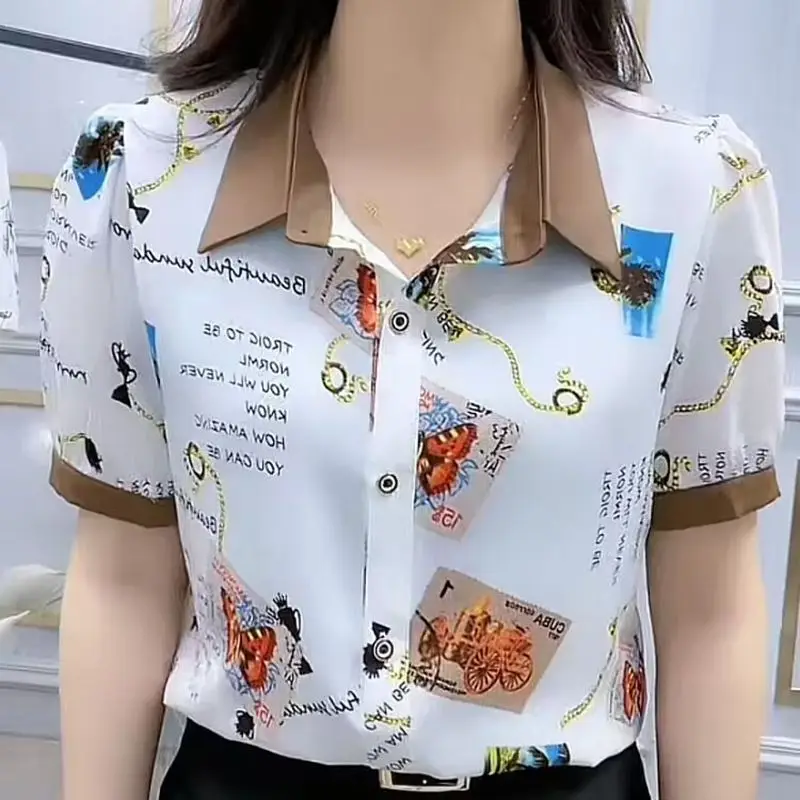 2024 Summer New Korean Version Polo-Neck Button Printed Spliced Short Sleeve Casual Versatile Fashion Commuter Shirt Tops