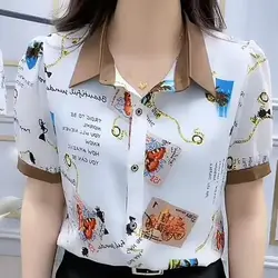 Camisa de manga curta emendada com gola polo, tops estampados com botões, moda casual versátil, nova versão coreana, camisa comutador, verão, 2024