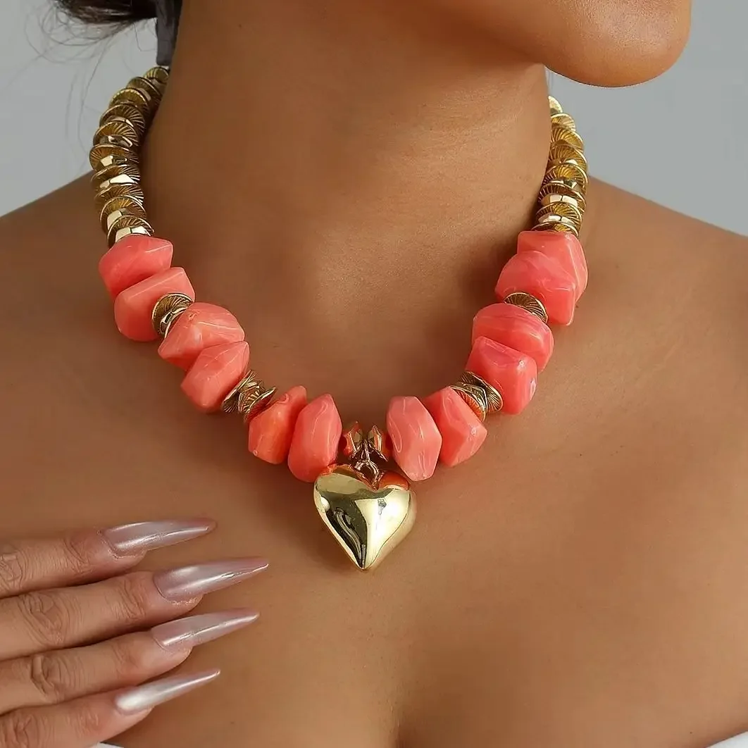 Y2K Bohemian Ombre Color-Block Heart Necklace Rock Style Personalized Exaggerated Original New Trend Retro Clavicle Chain Daily