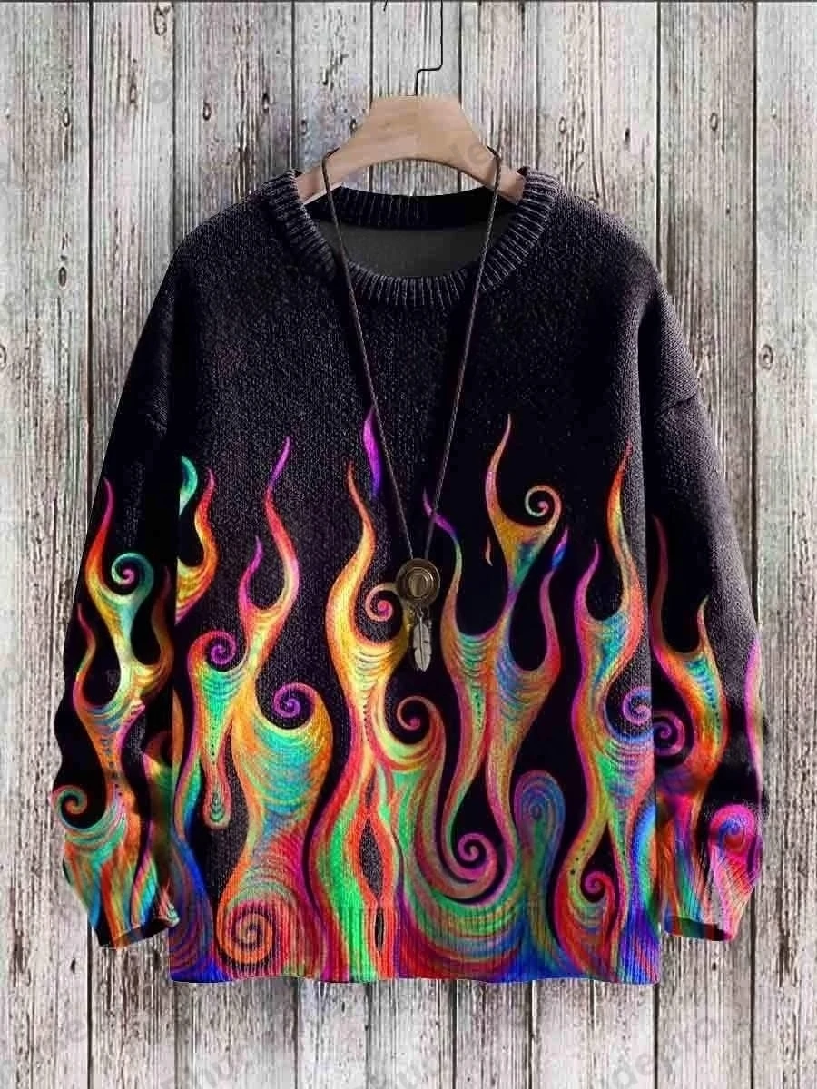 Winter Unisex Casual Knit Pullover Sweater Vintage Rainbow Flame Art Pattern 3D Printed Crewneck Knitted Sweaters