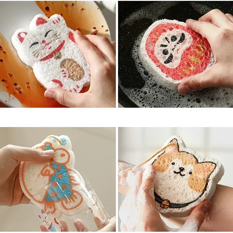 SHIMOYAMA Magic Cleaning Sponge Cartoon Animal Compressed Wood Pulp Scouring Pads Kitchen Non-stick Oil Dishwashing Rag Tools