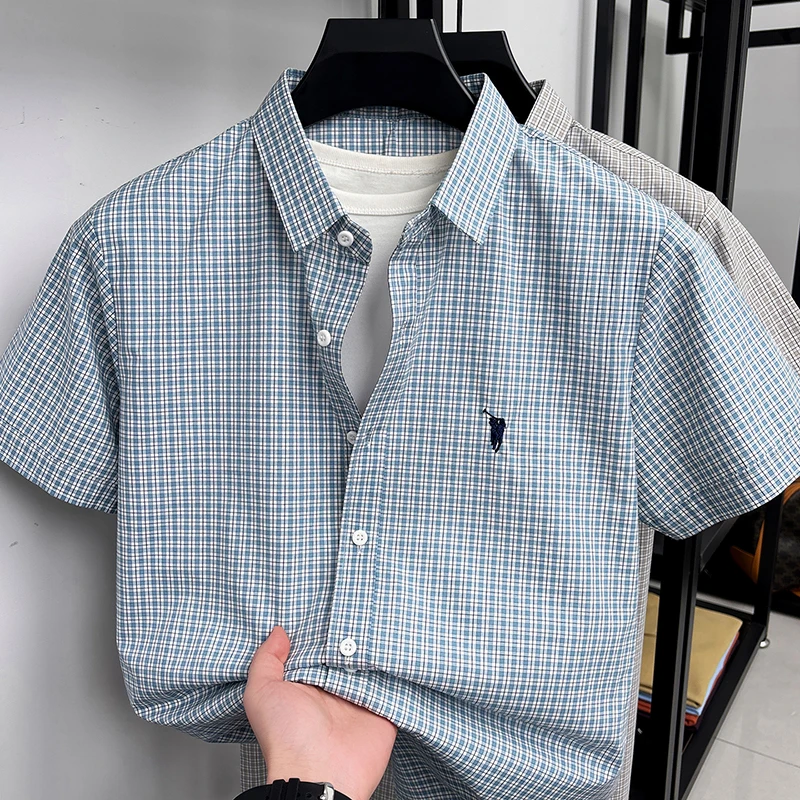 

Summer Men's Short Sleeved Pure Cotton Embroidered Shirt Casual Middle-aged and Young Fashionable Loose Checkered Thin Shirt