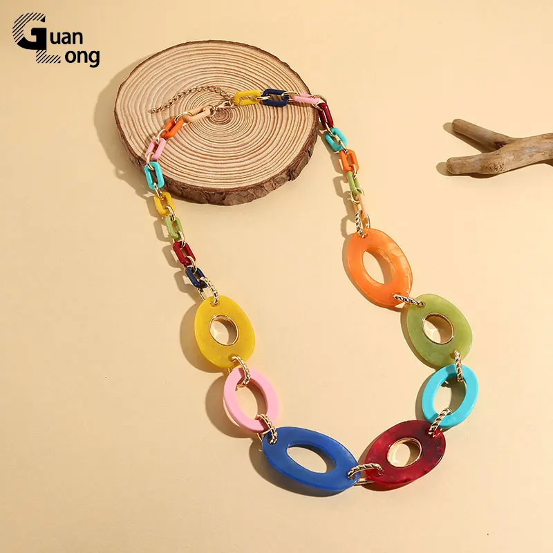 GuanLong Trendy Large Colorful Resin Chain Necklace For Women Long Round Exaggerated Necklace Female Bohemia Accessories Vintage