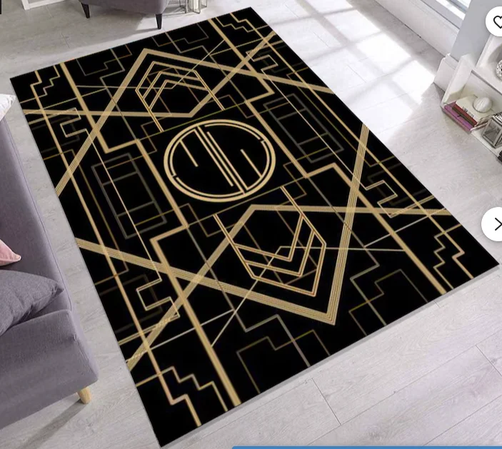 سجادة آرت ديكو باللون الأسود والذهبي على طراز هندسي جلام لتزيين غرفة المعيشة وغرفة النوم