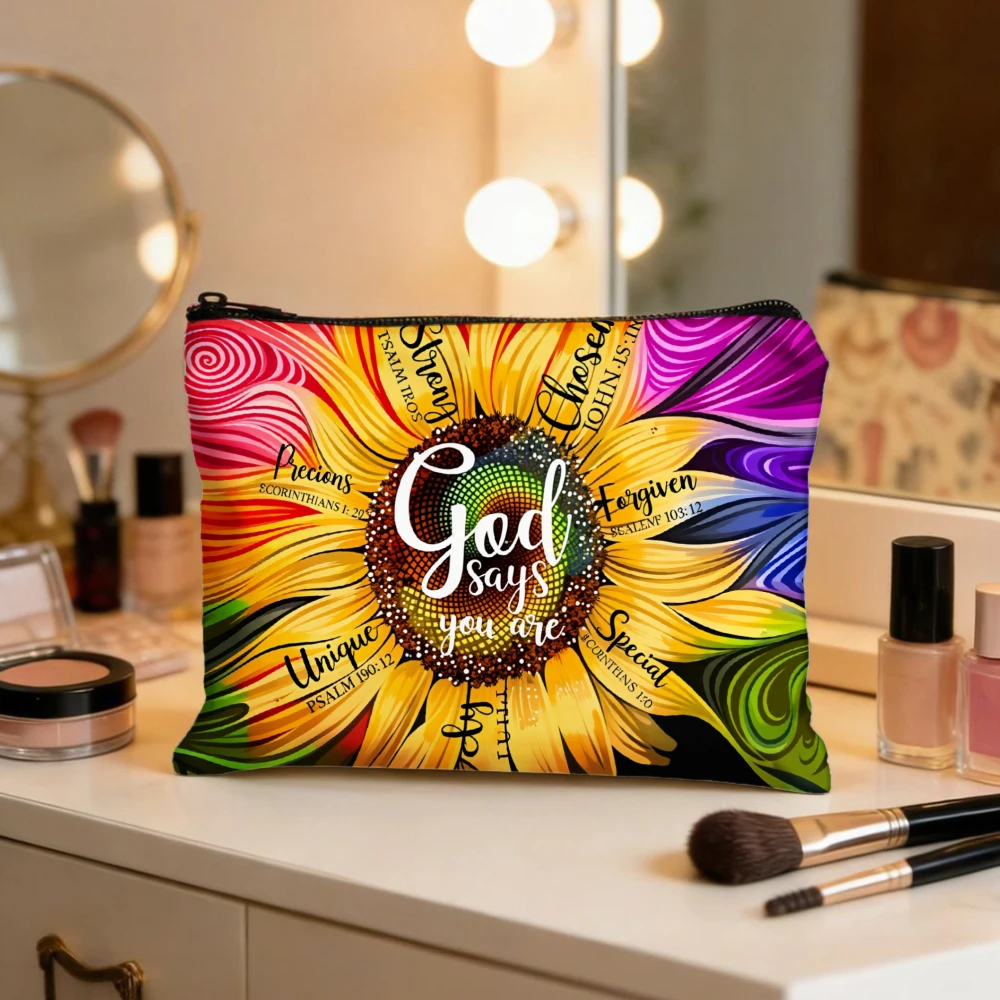 Colorful Sunflower With Inspirational Words Makeup Bags for Girls Cosmetic Pouch Toiletry Bag Pencil Case Travel Storage