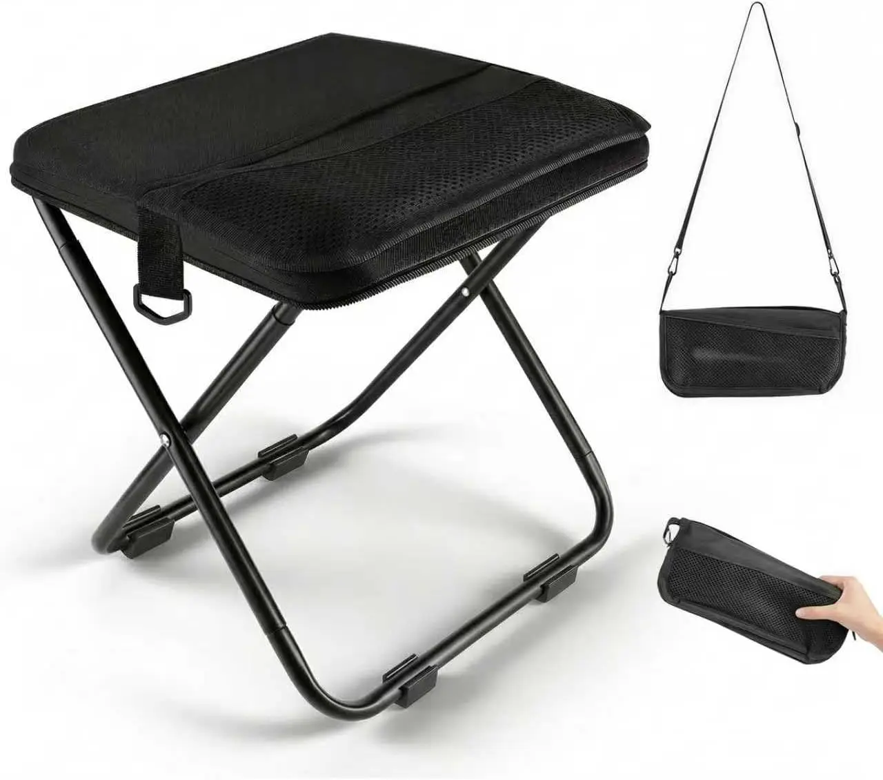 GMOX Camping Stool Portable Chair: All-Terrain Folding Carrying Pocket Stool, 4 Anti-Sink Feet, 270Lbs Capacity & 3s Setup. 5000 Cycle Tested for Rugged Sites, Camping, Fishing, Travel, Black.