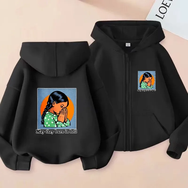 

Men's Hooded Jacket Black Printed Girl Prayer May They Burn in Hell Graphic Zip-Up Sweatshirt for Casual Streetwear Fashion