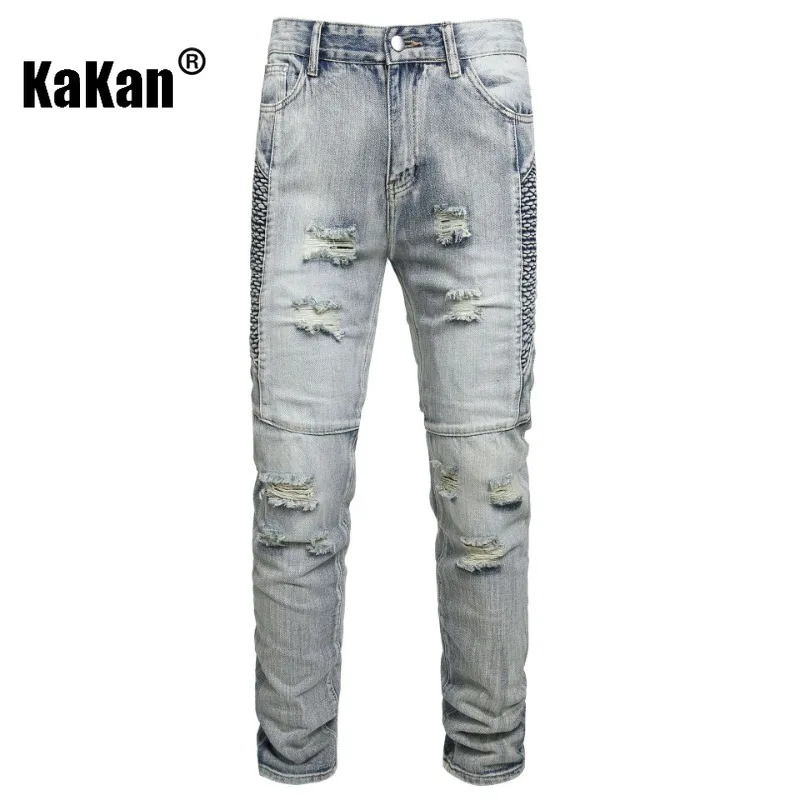 

Kakan - European and American New Motorcycle Jeans for Men, Knee Hole Embroidered Jeans Pants K2-9961