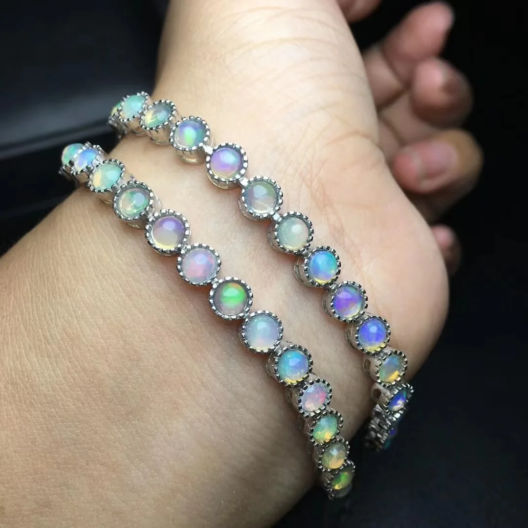 

1 Pc Fengbaowu Natural Stone Colorful Opal Bracelet 925 Sterling Silver Round Cabochon Beads Fashion Jewelry Gift For Women