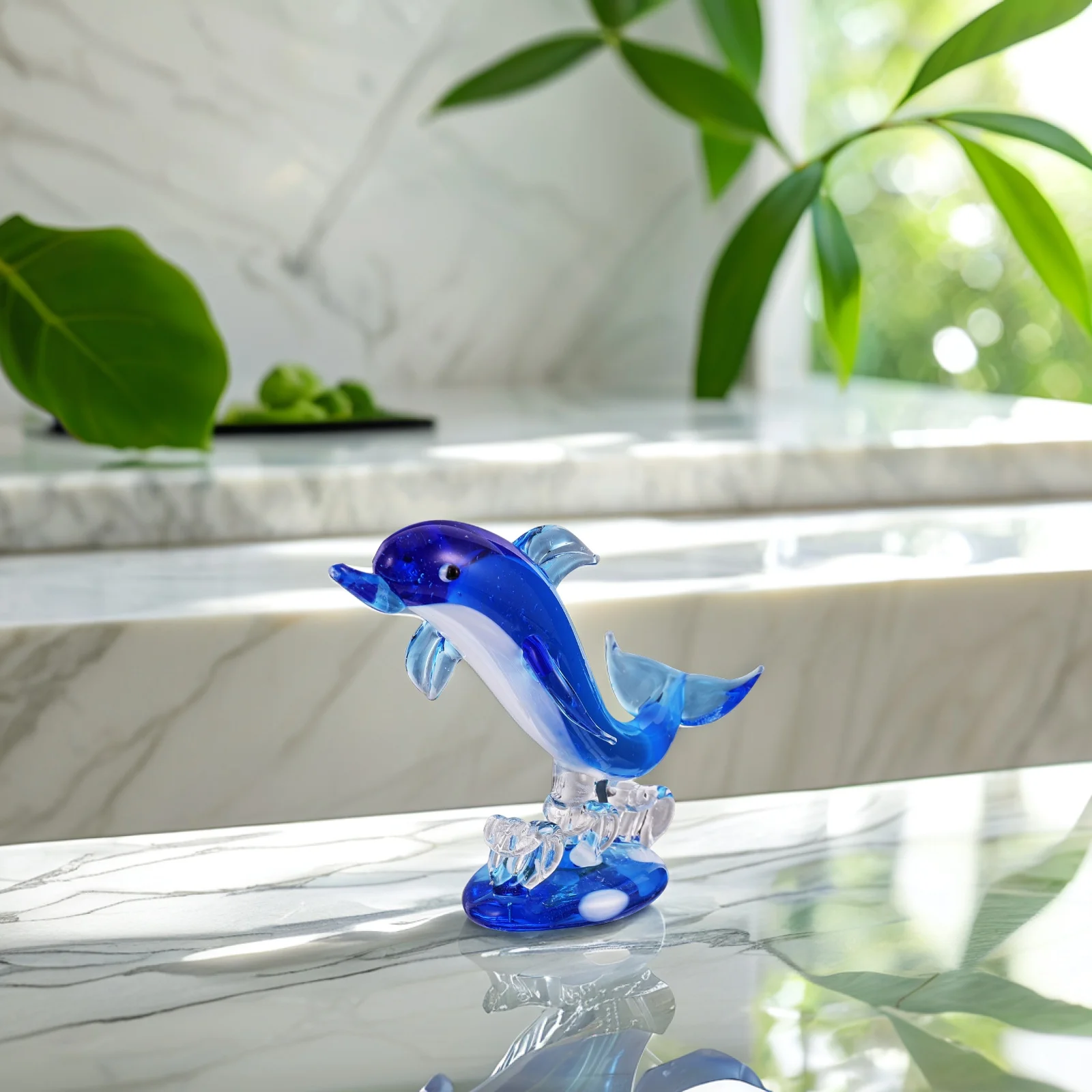 

1Pcs Dolphin Statue Hand Blown Glass Ornament Premium Finish Creative Home Decor for Living Room Bedroom Tabletop Display