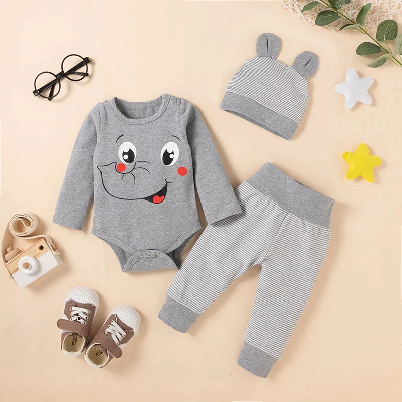 3PCS Autumn/Winter Children\'s Infant Creeper Bodysuit Cute Animal Print Elephant Fox  Pants Holiday Party Travel Clothing 0-24M