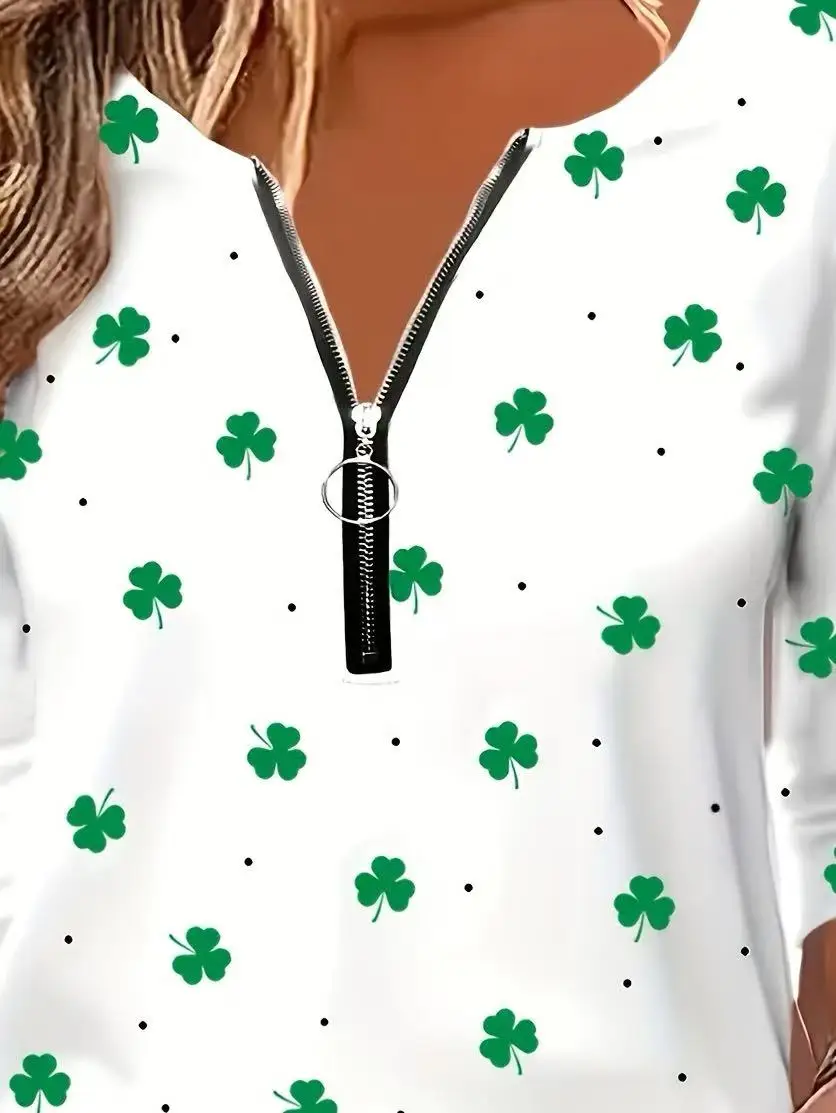 تي شيرت بطبعة قلب مقاس كبير، بلوزة كاجوال بسحاب وأكمام طويلة للربيع والخريف، ملابس نسائية بمقاسات كبيرة