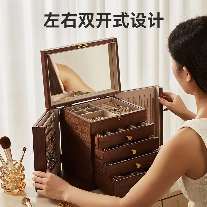 Wooden Jewelry Box with Lock, Multi-Layer Drawer Necklace Earring Organizer Compact Storage Case for Bedroom Vanity Travel