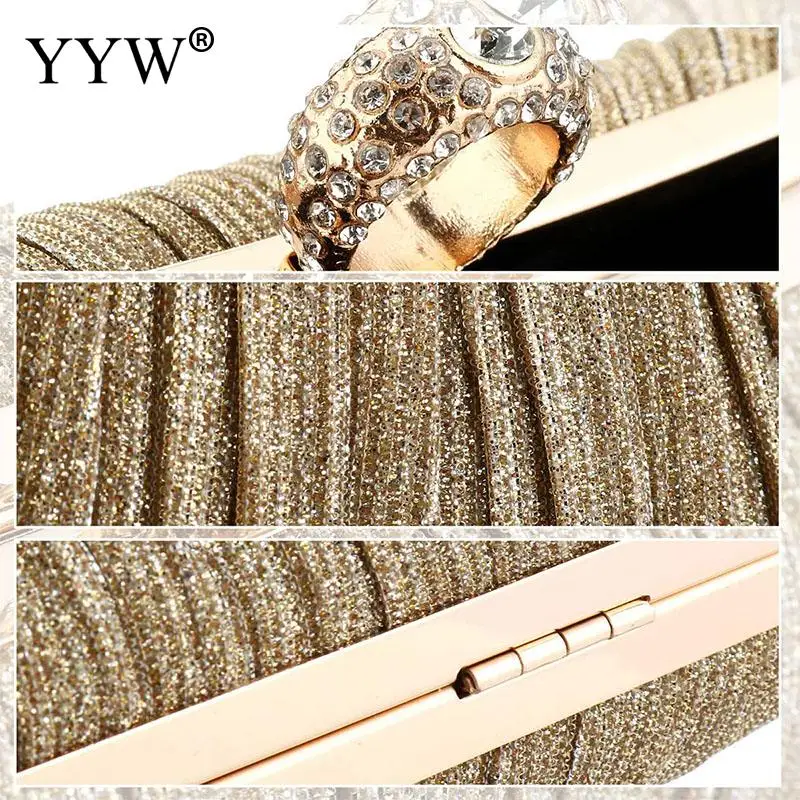 Women\'s Glitter Evening Clutch Handbags Pleated Party Bag for Bridal Wedding Party with Rhinestone Ring Shoulder Messenger Bags