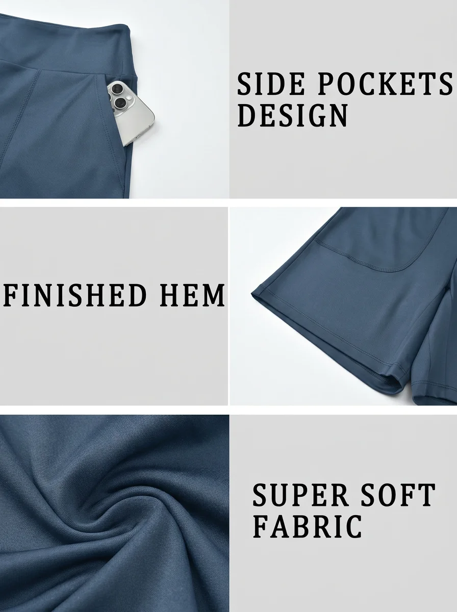 Bermuda-Shorts für Damen mit Taschen, Hochgeschnittene Lange Shorts für Laufen, Workout und Sport – Detail 4