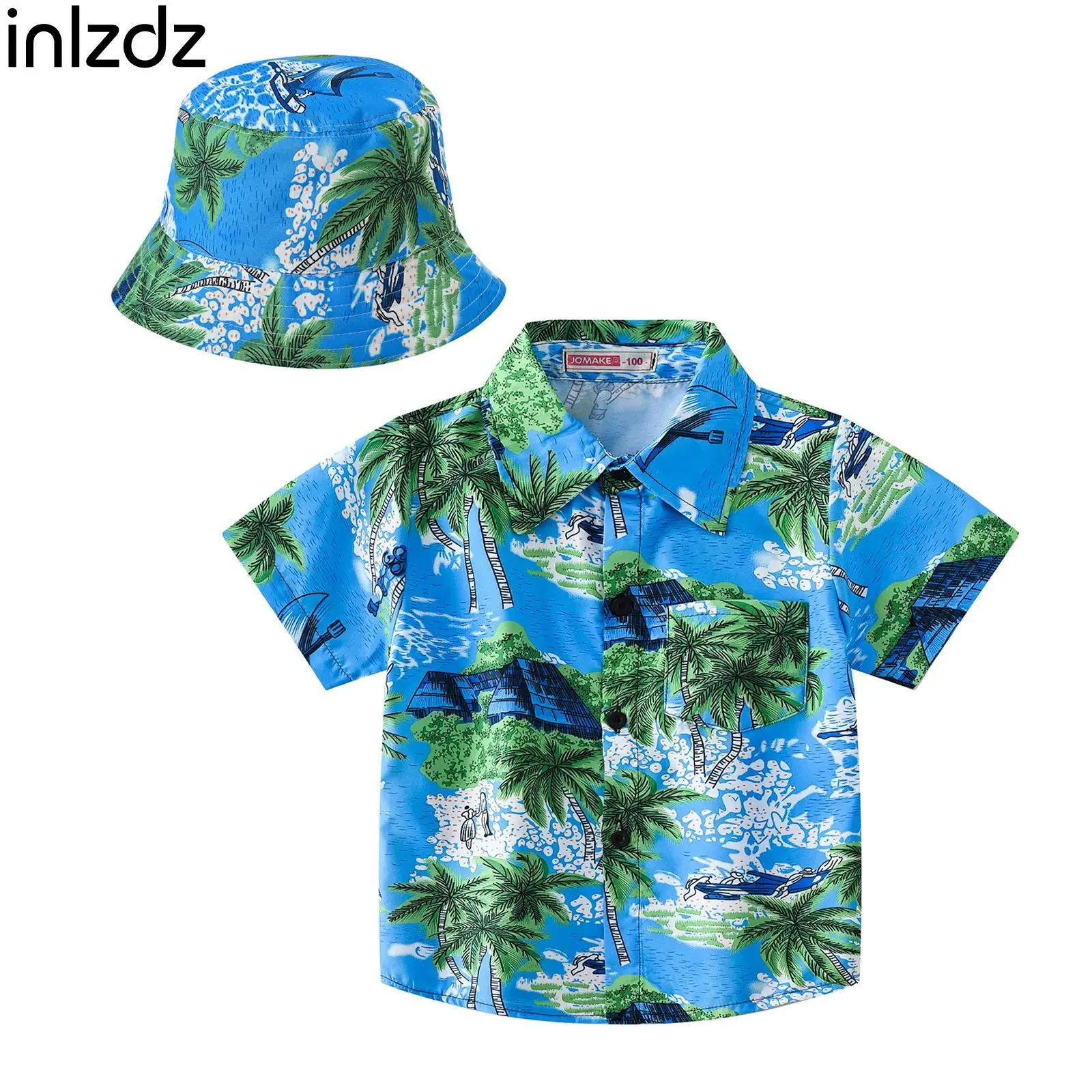 

Kids Boy Summer Hawaiian Beach Shirt Short Sleeve Colorful Print Button Down Tropical Casual Shirt with Sun Hat for Swimming