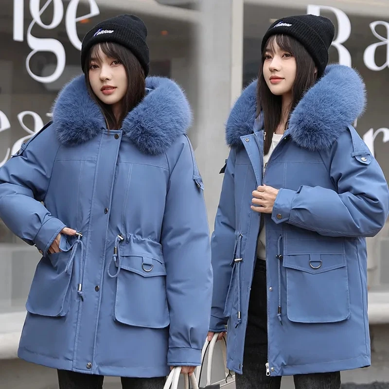 Winter Female Parkas 2024 New Detachable Inner Cotton Jacket Women\'s Thicken Fur Collar Hooded Coat Warm Snow Wear Long Parkas