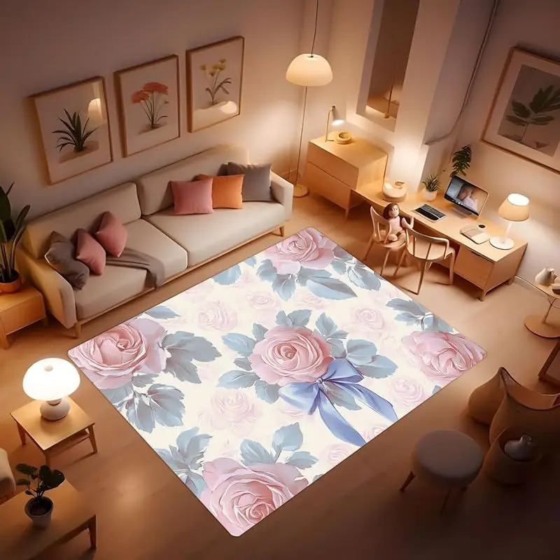 Floral Print Rug, Bohemian Style Rug, Non-Slip Ultra-Thin Printed Rug, Suitable for Home Decoration in entryway, Bedroom