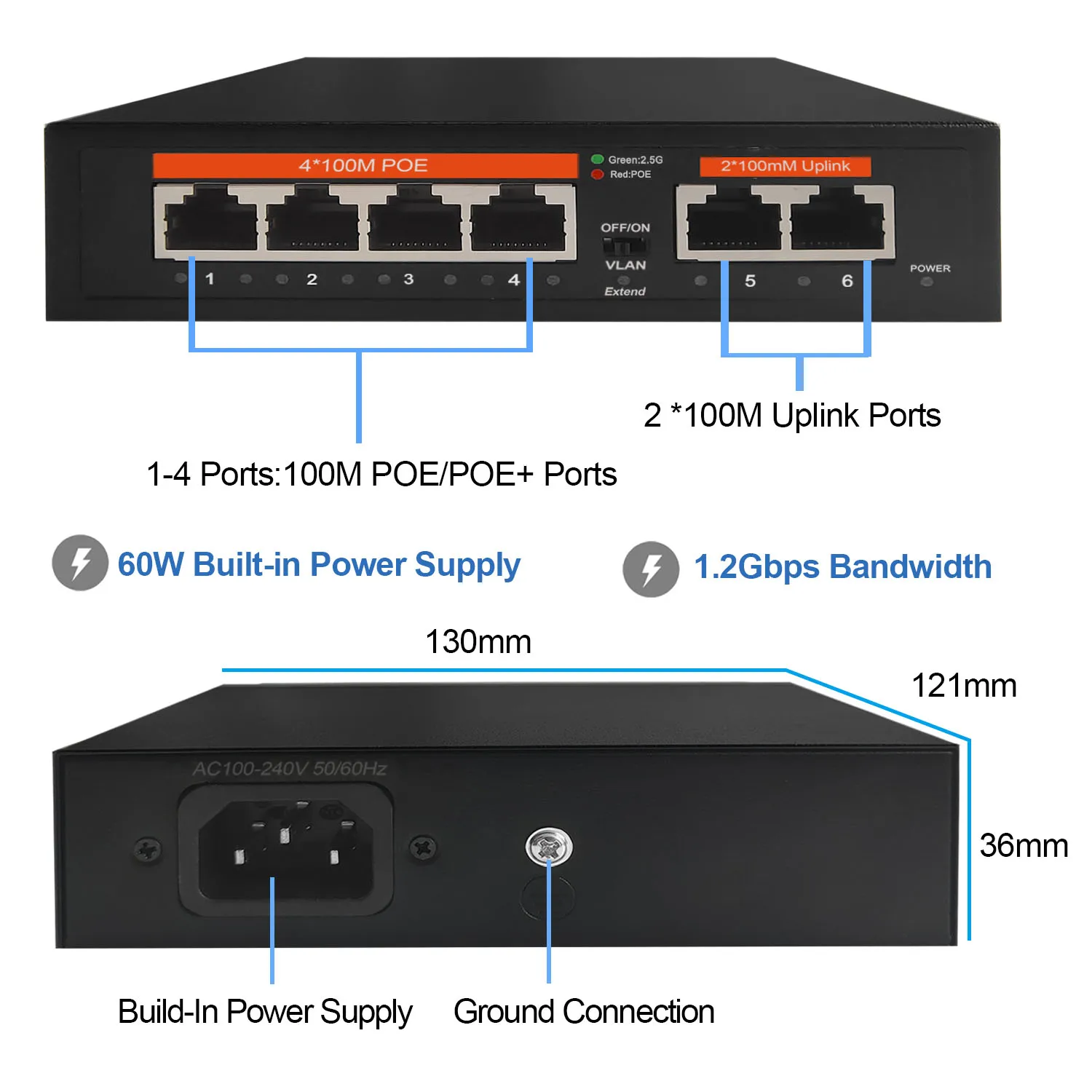 Imagem -05 - Switch de Rede Ethernet 100mbps 65w Poe Mais Portas Rj45 Ieee 802.3 af at Vlan para Wifi Roteador Câmera sem Fio