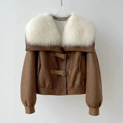 Winter Big Fur Collar Sheepskin Suede Jacket Parka Women's Long Sleeve Fluffy Faux Fur Leather Jacket Warm Coat