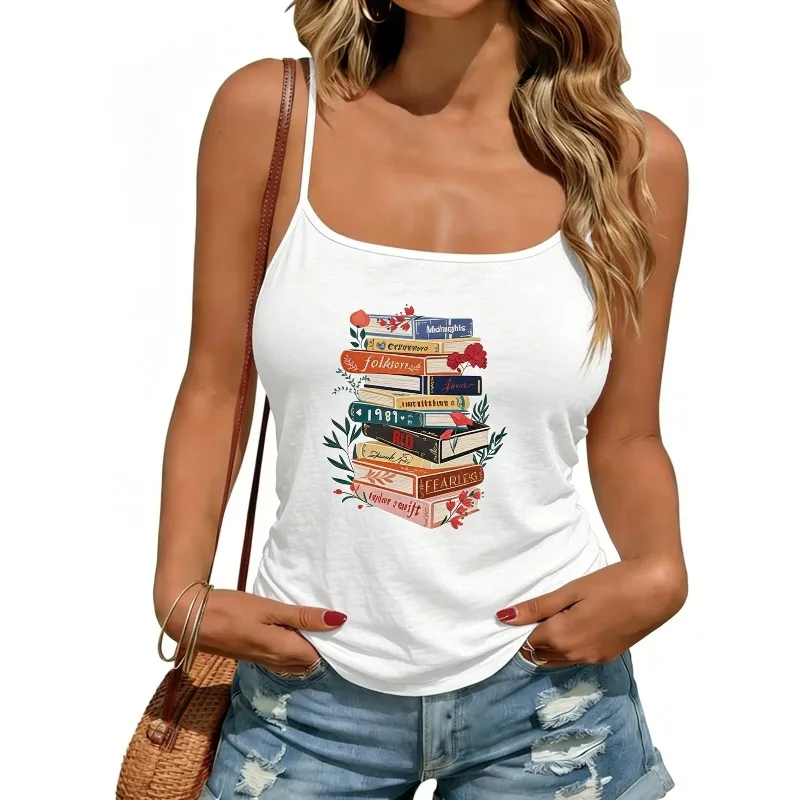 Book Stack Floral Print White Strap Top Casual Daily Layering Top Suitable for Women Student Out Wear