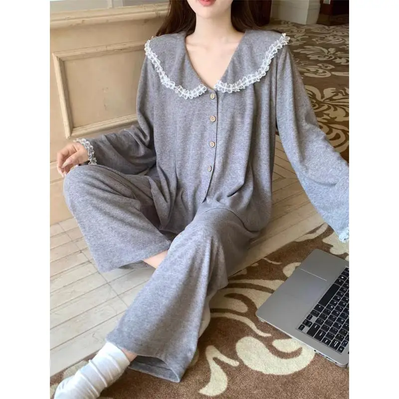 

Girly Style Ins Women's Pajamas Spring and Autumn New Women's Sweet Lace Loose Casual Long-Sleeved Home Wear Set
