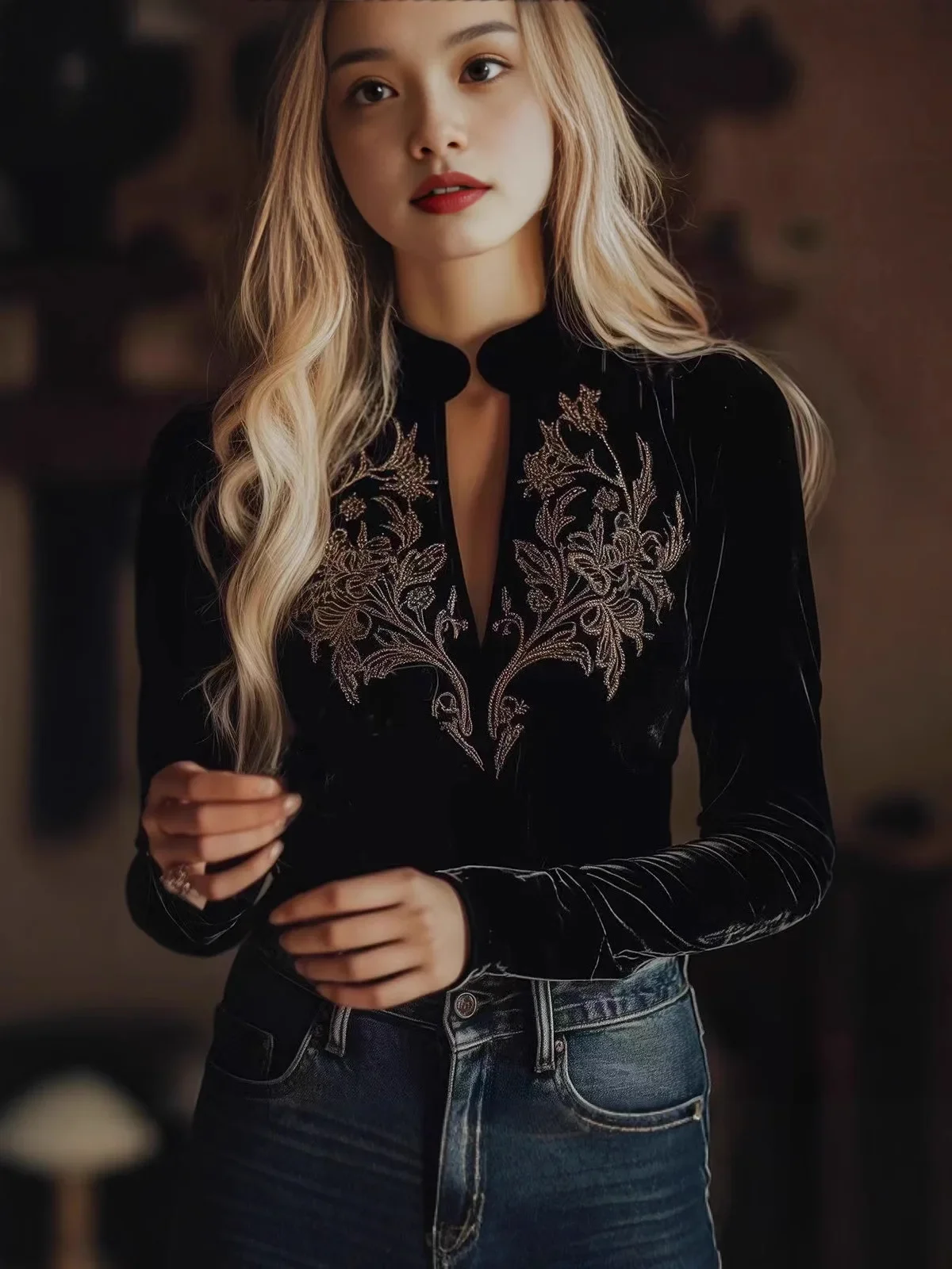 Vintage Velvet Embroidery Beaded Cheongsam Banquet Shirt Stand Collar Chinese Stlye Long Sleeve Elegant Tops for Women Female