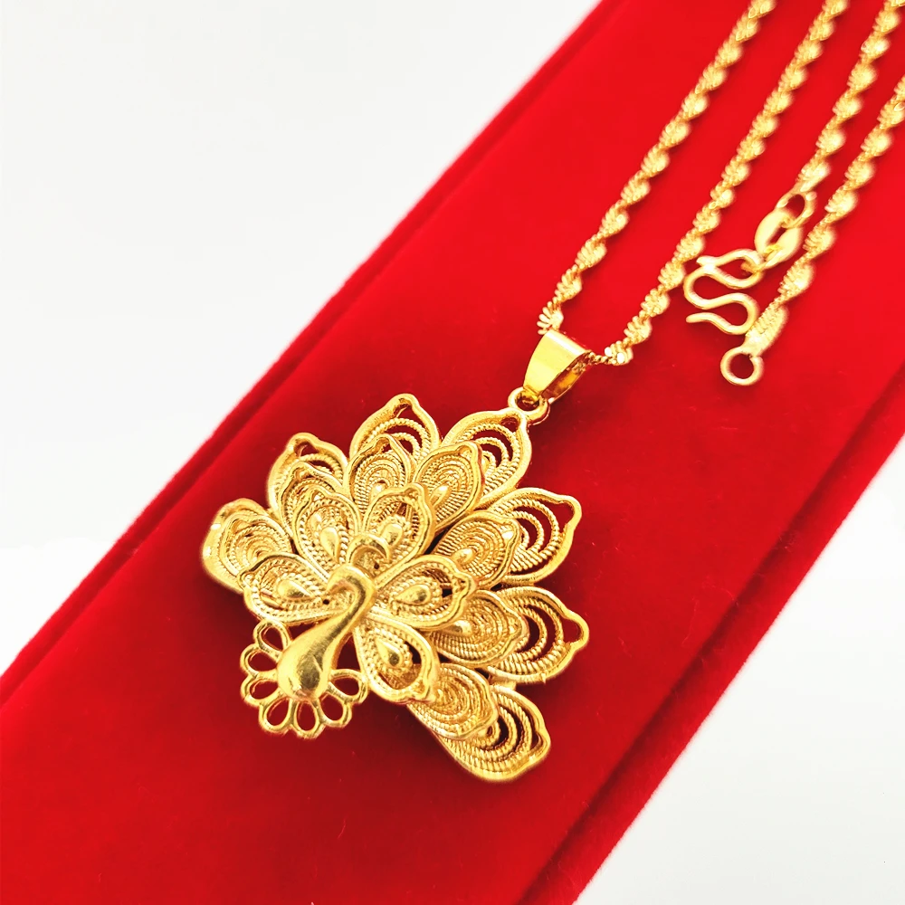 Charm Necklaces For Women 24K Yellow Gold Color Peacock Pendant Necklace Chain Collar Femme Wedding Jewelry Accessories Gifts