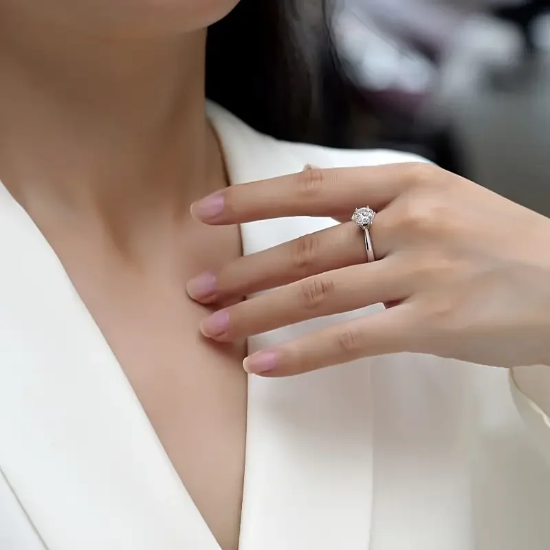 JIUZUAN 1/2/3/ct خاتم مويسانيتي كلاسيكي بستة شقوق، مطلي بالفضة عيار 925، خاتم زفاف كلاسيكي للخطوبة، تصميم متألق