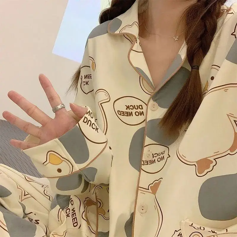 Women Spring Autumn Pajamas New Cotton Pyjamas Sweet Long Sleeved Nightdress Loose Comfortable Home Wear Lapel Print Sleepwear