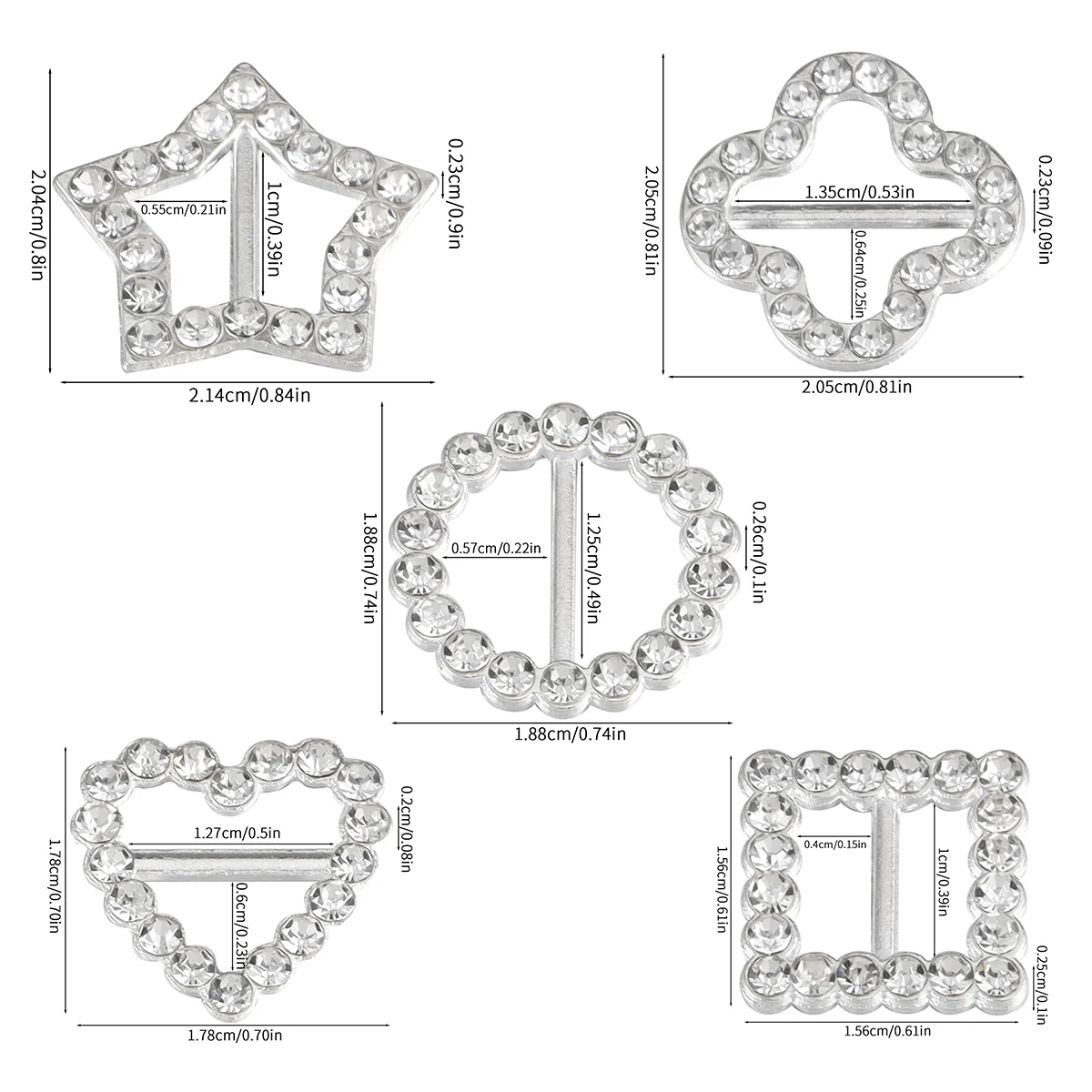 10-20 Stück Kristall-Strass-Schnallen aus Metall in Herz-, Rund- und Quadratform zur Dekoration von Bändern, Einladungskarten, Kleidung und Haaraccessoires – Detail 1