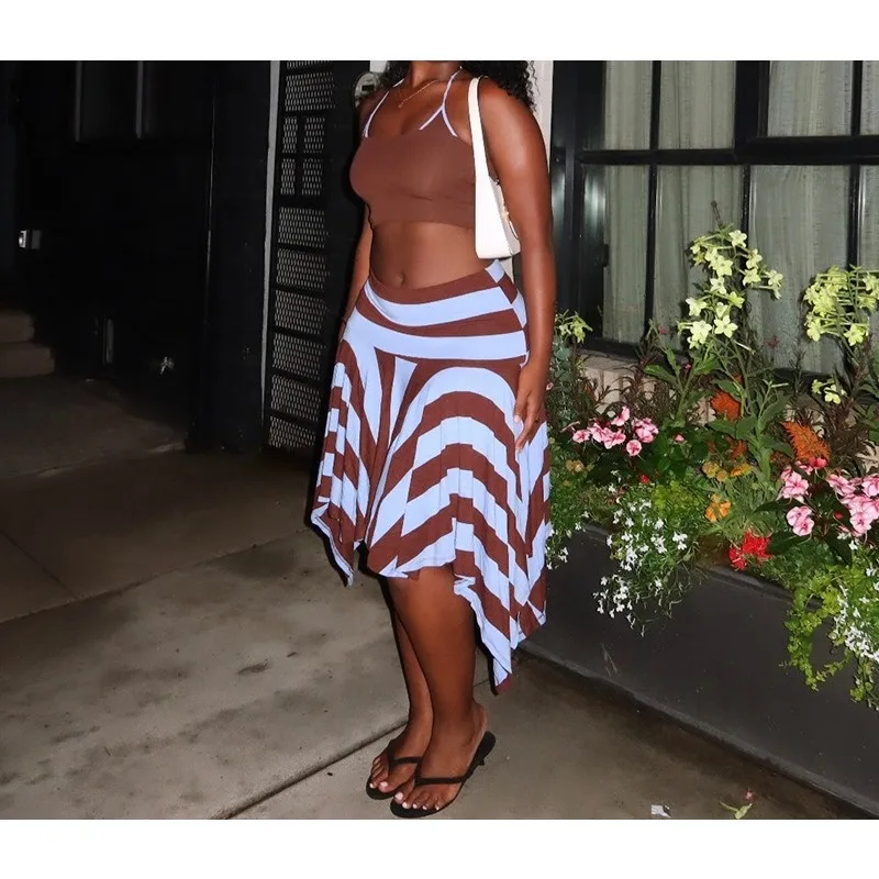 Color Blocked Fashion Two-piece Set Women 2026 Summer Printed Backless Casual Vacation Hanging Collar Sleeveless Skirt Suit