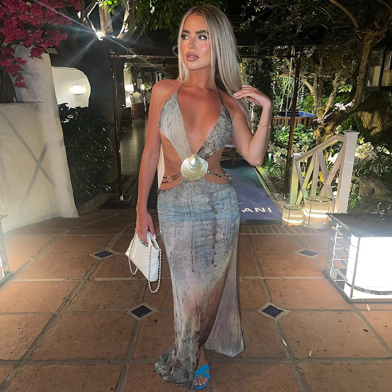 2025 Estate Moda Nuove donne Elegante stampato Bohemian Strap Scollo a V Bareback Sexy Dimagrante Vacanza al mare Abito lungo